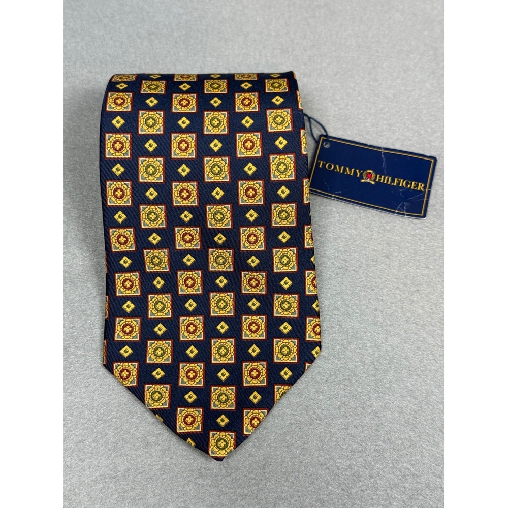 VTG Tommy Hilfiger Mens Necktie NWT Navy Blue Geometric USA 100% Italian Silk